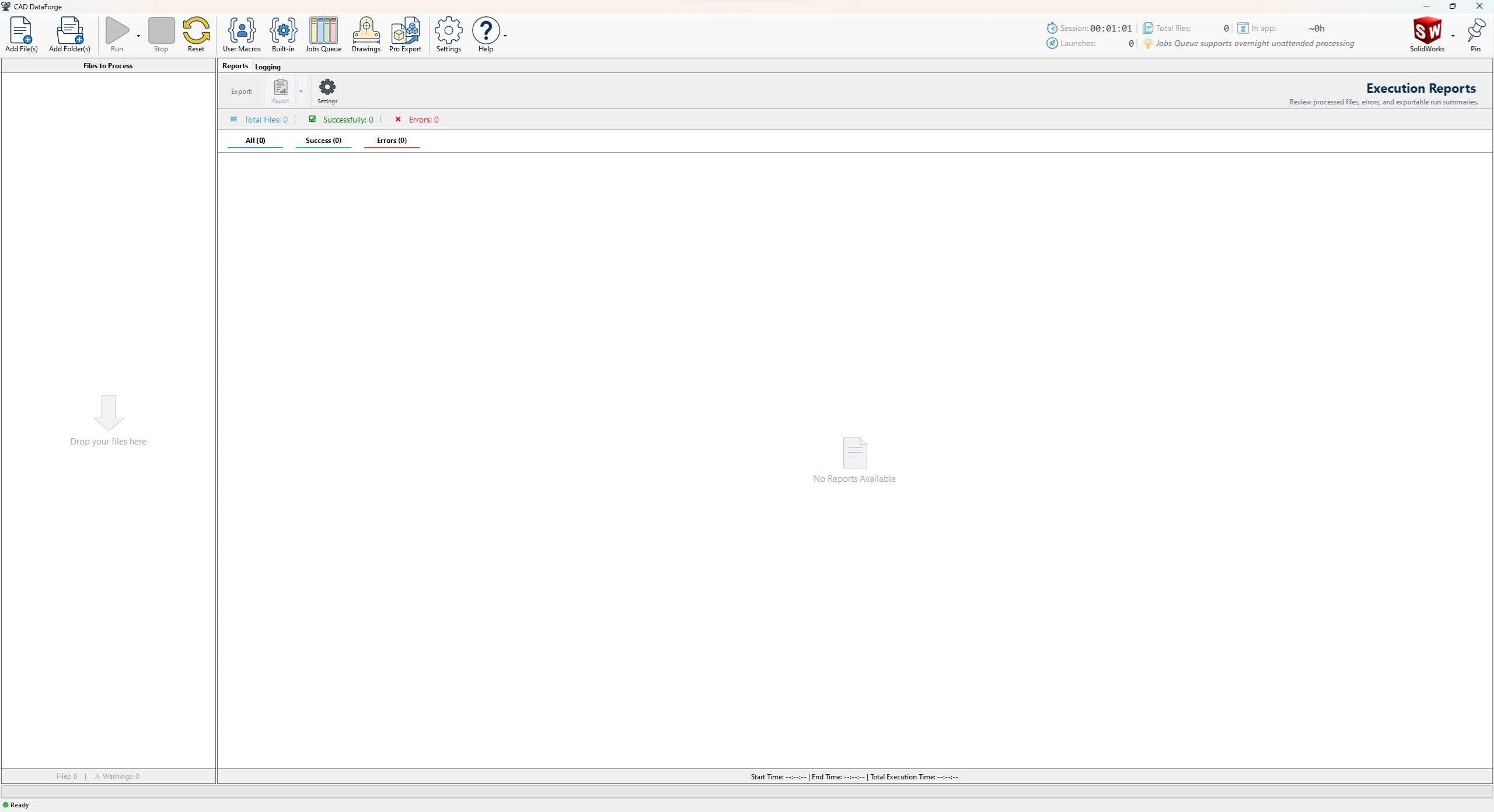 Drawings Added and Macro Settings — Working interface with the Report tab open.