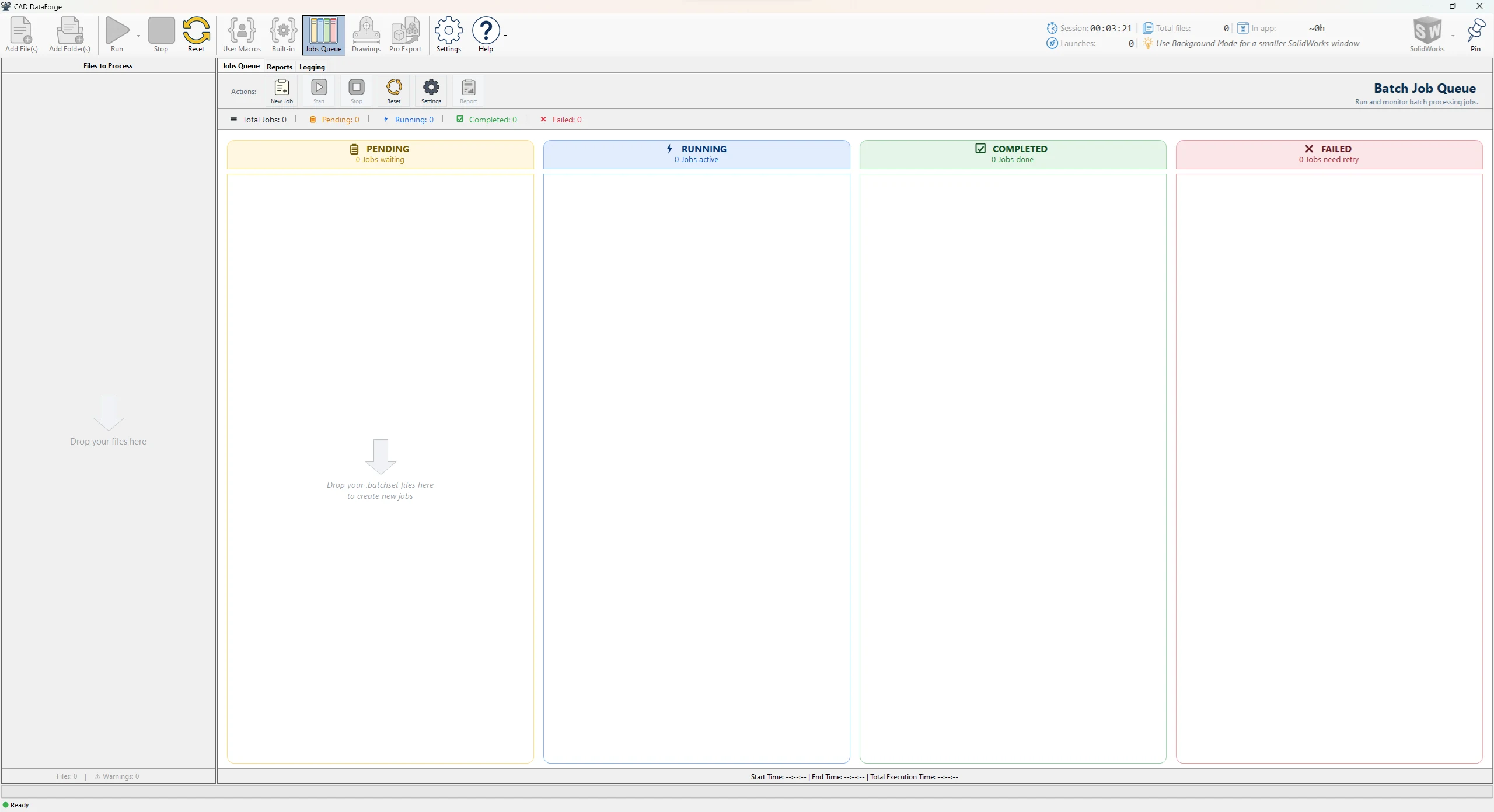 Macro Execution Process — Main interface with the Job Queue tab open.